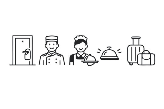 Extensive collection of clean linear icons depicting diverse hotel and hospitality services including professional bellhop assistance and luxury amenities for travel and tourism marketing.