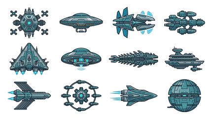 Collection of futuristic alien spacecraft and spaceships. © Zadar