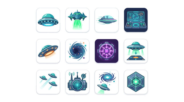 Collection of futuristic alien spaceship and portal icons.