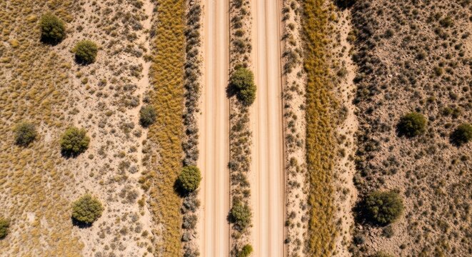 Aerial view of a dusty double track road winding through arid outback Australian landscape with sparse vegetation