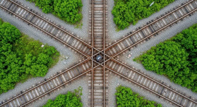 Aerial view of a railroad junction with lush green trees surrounding the tracks