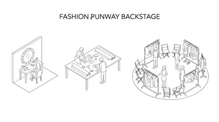 Naklejka premium FASHION RUNWAY BACKSTAGE PLAN CAD Architectural Lines Designs , Editable Vector Strokes Illustrations. containing fashion, runway, backstage, isometric, illustration, design and more CAD designs.