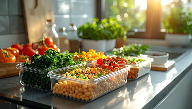 A kitchen counter with various vegetables in containers