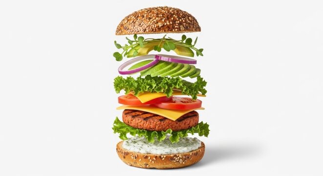 Deconstructed Vegan Burger with Fresh Ingredients Levitating Above White Surface