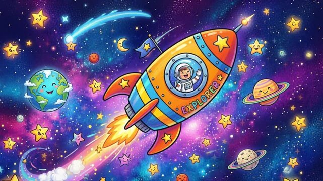 Cartoon kid astronaut in a colorful rocket ship flying through outer space surrounded by smiling planets, moon, and bright stars, kids fantasy illustration