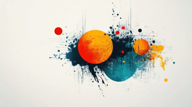 Abstract composition featuring vibrant circles and splatter effects on a light background