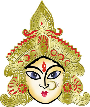 Detailed face of Goddess Durga with traditional golden crown for Navratri and Dussehra festival art.