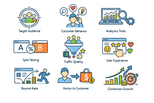Professional conversion rate icon set containing target audience customer behavior analytics tools split testing marketing strategy optimization and data driven business growth vector icons