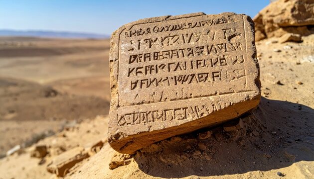 Ancient Ugaritic cuneiform inscription on weathered stone slab in desert setting
