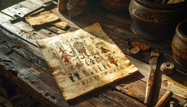 Ancient Mayan Codex Fragment With Intricate Glyphs and Mythological Figures on Textured Parchment