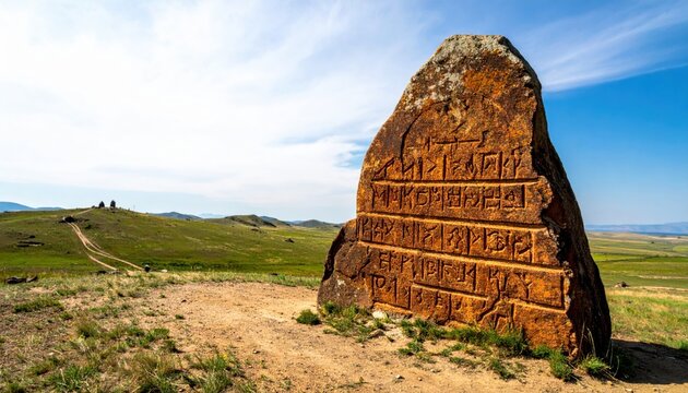 Ancient Turkic Orkhon Runes Carved into a Rough Hewn Granite Monument Section on a Steppe Landscape