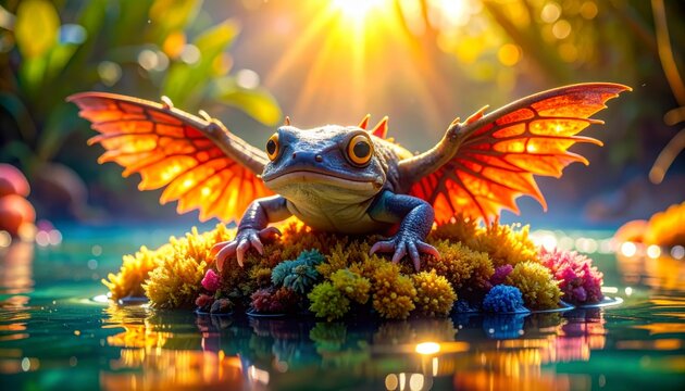 Whimsical amphibious creature with dragon wings and golden eyes perched on a coral island in a sunlit jungle pond, cinematic fantasy landscape with vibrant colors and warm lighting.
