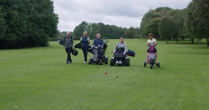 People, golf and walking on field, sports and friends for competition on course, game and fitness. Happy senior men and women, outdoors and tournament at club, nature and practice or workout for fun