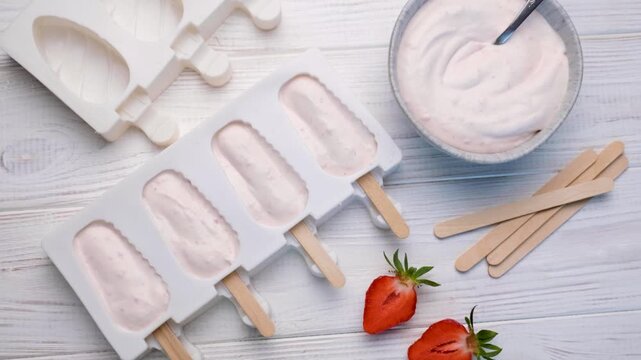 Preparing homemade strawberry popsicles with cream