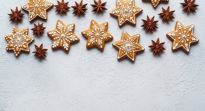 Festive star shaped gingerbread cookies with intricate white icing and star anise decor arranged on a light textured surface