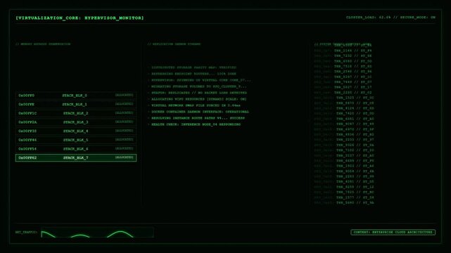 Green Futuristic Hacker Computer Terminal Interface With Virtualization Network Data On Black Background.