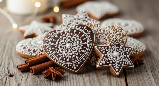 Delicious frosted gingerbread cookies shaped like hearts and stars, decorated with intricate white icing patterns on a rustic wooden surface