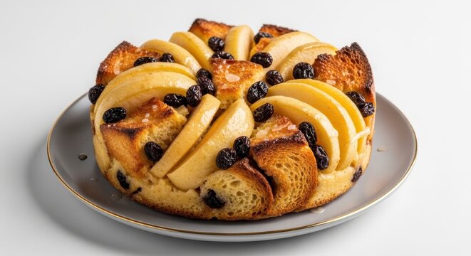 Golden Baked Apple Bread Pudding with Raisins Served on a White Plate