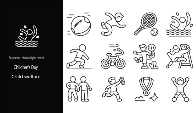 Little girl and boy playing cycling, swimming,jumping,running, badminton, volleyball ball,basketball joyfully smiling together, cartoon vector, childhood nostalgia rocking horse out line icon
