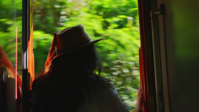 Woman in hat leaning from moving train, summer travel