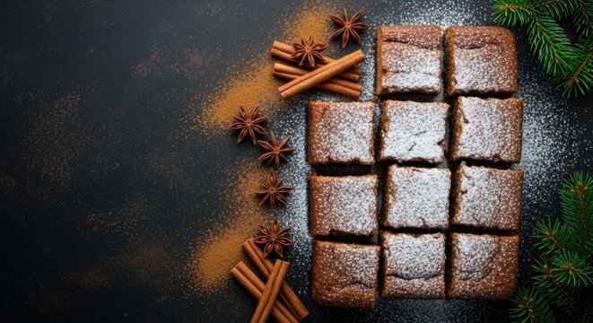 Festive spiced brownies dusted with powdered sugar alongside cinnamon sticks and star anise on a dark textured surface with pine sprigs