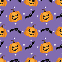 Fototapeta premium Halloween seamless pattern with jack-o'-lantern pumpkins and black bats. Spooky Halloween pumpkin and cute bat repeat pattern on purple background.