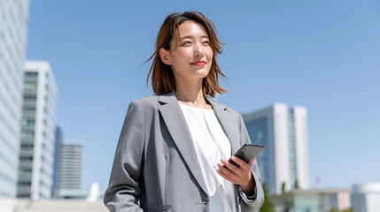 Fototapeta premium Confident businesswoman on the go: A focused Asian businesswoman in a stylish grey suit, holding a smartphone and looking towards the future amidst a modern urban landscape.