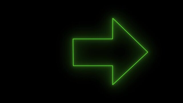 Glowing green arrow neon animation on dark background. Modern directional, navigation and interface symbol motion graphic in 4K loop.