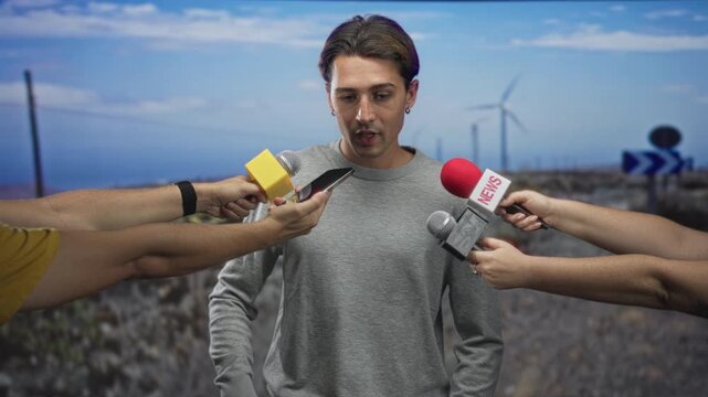 Man speaking into multiple microphones and a handheld smartphone while reporters thrust mics toward him on a street by wind turbines and a chevron road sign; nervousness.
