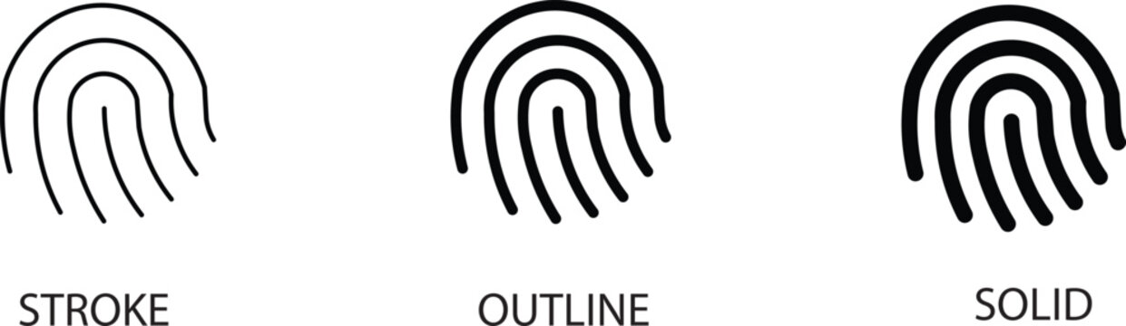 Minimalist fingerprint icon set in stroke, outline, and solid styles. Biometric identification symbols for security and privacy. Black digital thumbprint vectors.