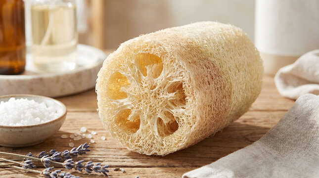 Loofah Bath Accessory: A natural loofah sponge sits on a wooden surface, surrounded by bath salts and lavender, hinting at a relaxing spa experience.