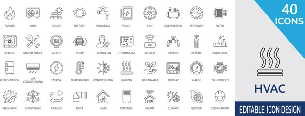 HVAC icon set featuring sustainable , heating , ventilation,  air , climate , control,  energy , efficiency ,  and more line vector icons. © Nagma