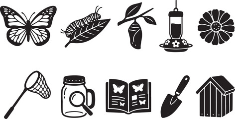 Black and white of butterflies, insects, tools, and symbols butterfly moth © hosneara_studio