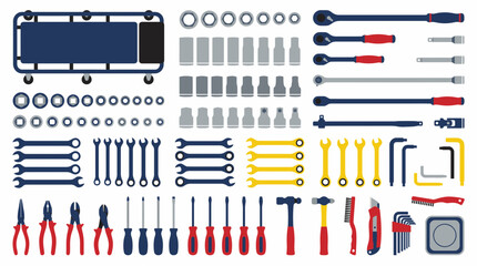 Fototapeta premium Flat vector set of mechanical tools for vehicle repair and maintenance