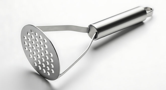 Shiny stainless steel potato masher kitchen utensil, isolated on clean white background for culinary use