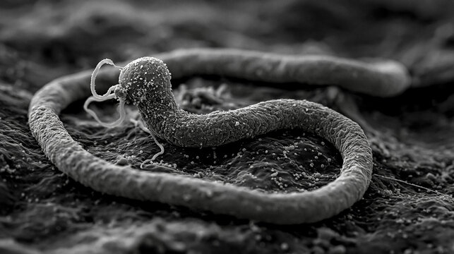 Helicobacter Pylori: A detailed scanning electron microscope image reveals the intricate structure of Helicobacter pylori, a spiral-shaped bacterium, set against a textured backdrop.