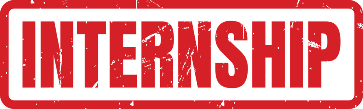 Red grunge rubber stamp impression displaying the word internship inside a simple rectangular border frame