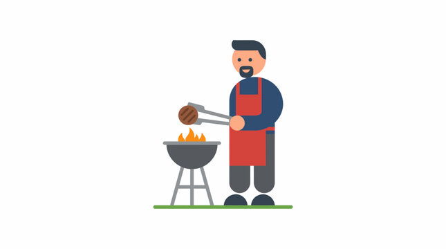Man cooking meat patty on charcoal grill in backyard during summer