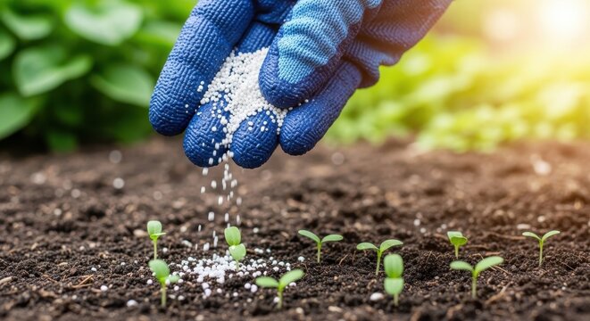 Gardener's gloved hand carefully applies granular fertilizer to young seedlings emerging from rich soil, promoting robust growth.