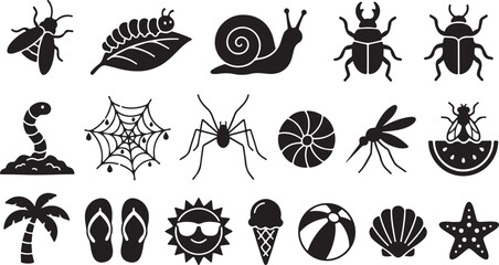 Black and white of various insects, arachnids, and marine life bugs beetles butterflies © hosneara_studio