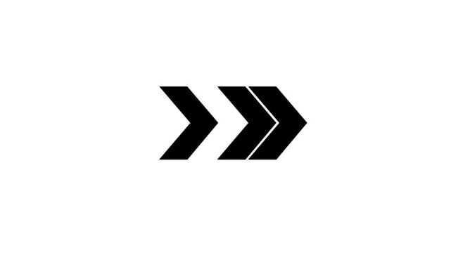 Three glowing black beautiful right direction arrows concept icon animation on white background.Abstract road direction,direction arrow icon animation.