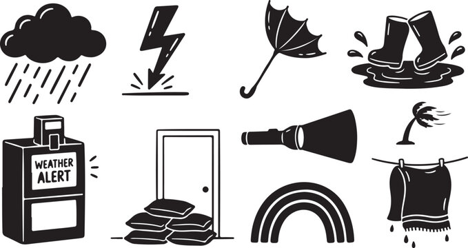 Set of flat representing weather conditions and alerts, black and white weather flat weather alert cloud