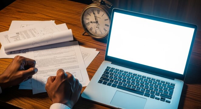 Dark-complexioned hands clutch a wooden desk beside an analog clock ticking rapidly amidst scattered papers and a bright glowing laptop, late, management, fast