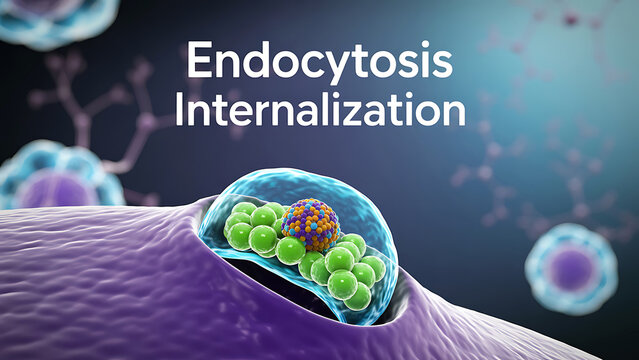 Cell endocytosis internalization process with purple membrane and green vesicles and colorful molecules inside transparent blue vesicle in dark background