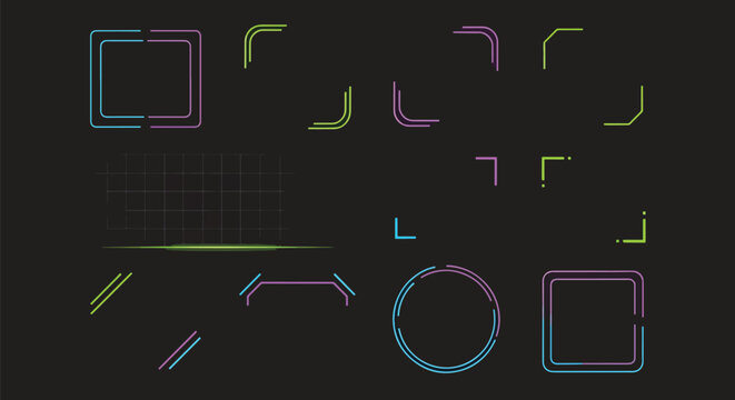 Futuristic Neon HUD Interface Elements Set With Glowing Corners, Frames and Abstract Tech Overlays