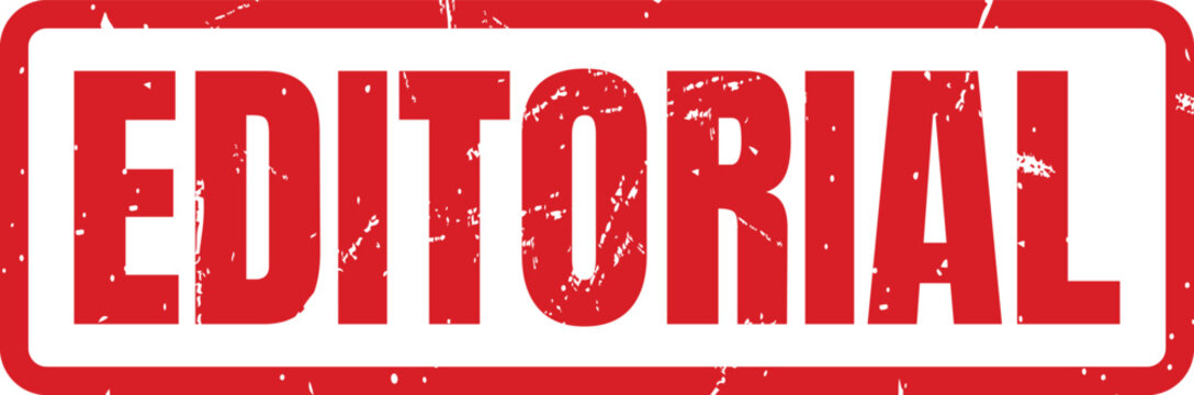 A red grunge style rectangular rubber stamp with the word editorial written inside of box
