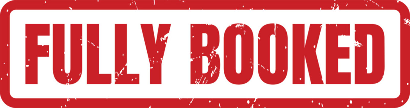 A red rectangular stamp impression with distressed grunge effect displaying the words fully booked clearly