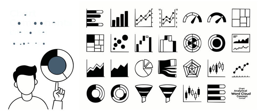Data visualization chart icon set for business analytics templates, editable vector graphics featuring bar graph, pie chart, progress funnel, line plot, gauge, and dashboard statistics elements.