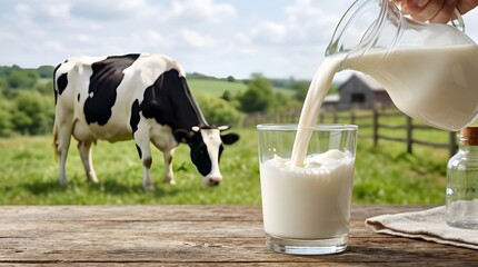 Fototapeta premium Fresh milk pouring into glass from cow in sunny green pasture field