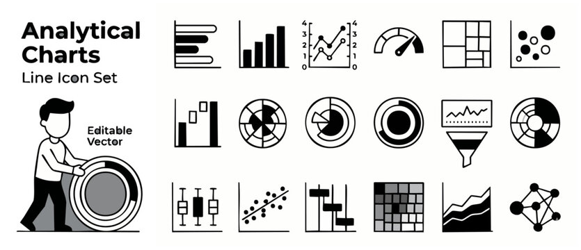 Data analytics charts icon set featuring minimalist business graphs, financial statistics diagrams, dashboard interface design, workflow reports, and infographics presentation vector elements template
